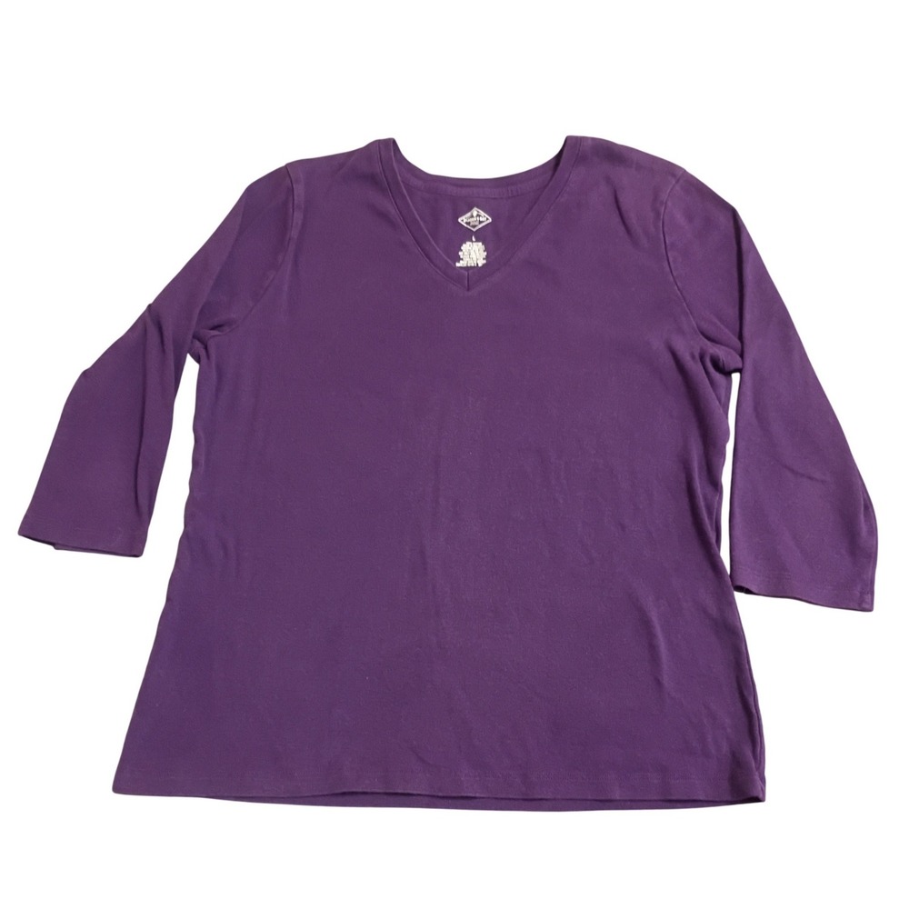 St. John's Bay V-Neck Top Womens Large Purple 3/4 Sleeve Cotton Basic Tee